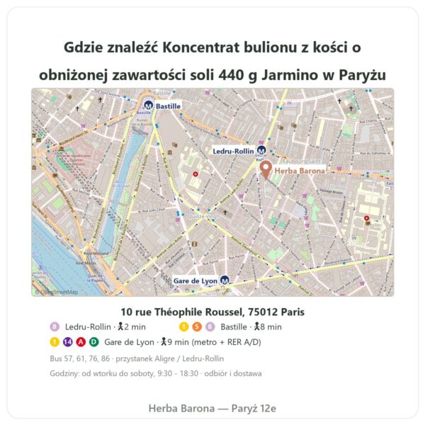 Gdzie znaleźć Koncentrat bulionu z kości wołowych o obniżonej zawartości soli 440 g – Jarmino - Herba Barona Paris