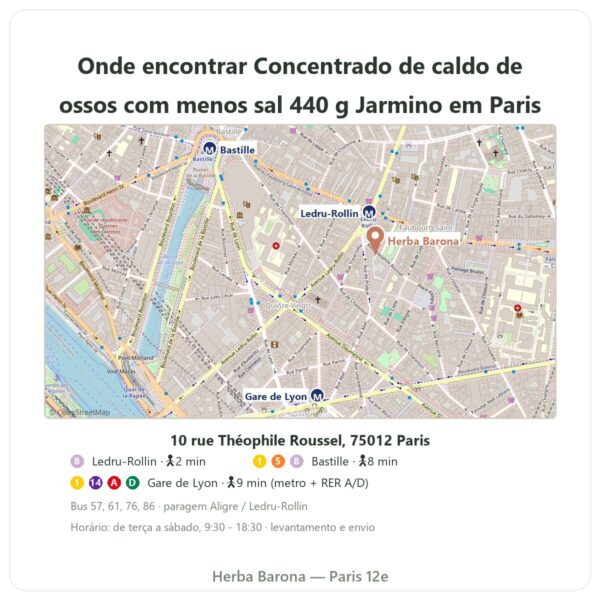 Onde encontrar Concentrado de caldo de ossos de vaca com menos sal – 440 g – Jarmino - Herba Barona Paris