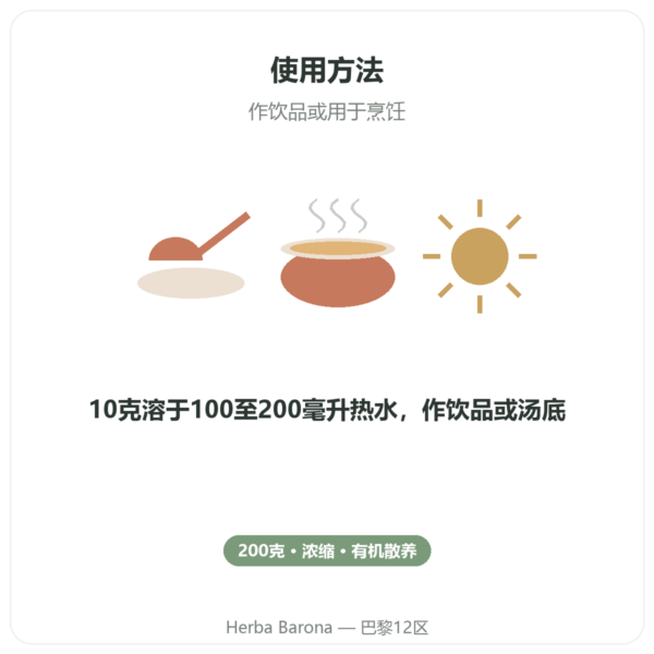 浓缩鸡骨汤(200g)– Jarmino 使用方法与建议剂量 Paris Herba Barona