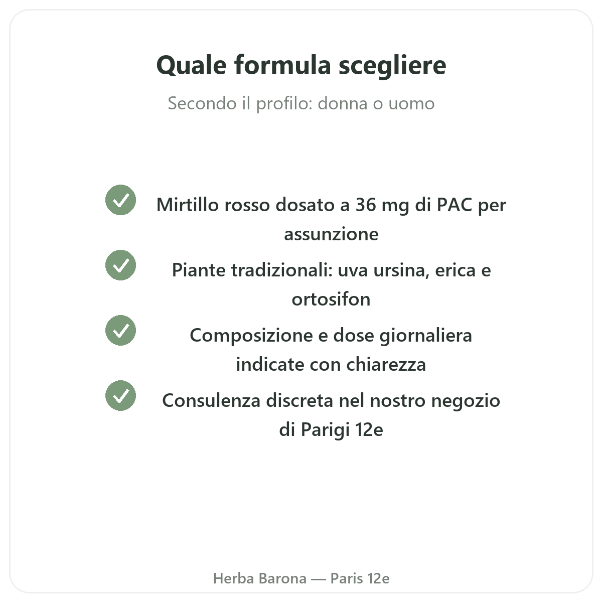 Integratori comfort urinario - principi attivi chiave da scegliere da Herba Barona Parigi 12e