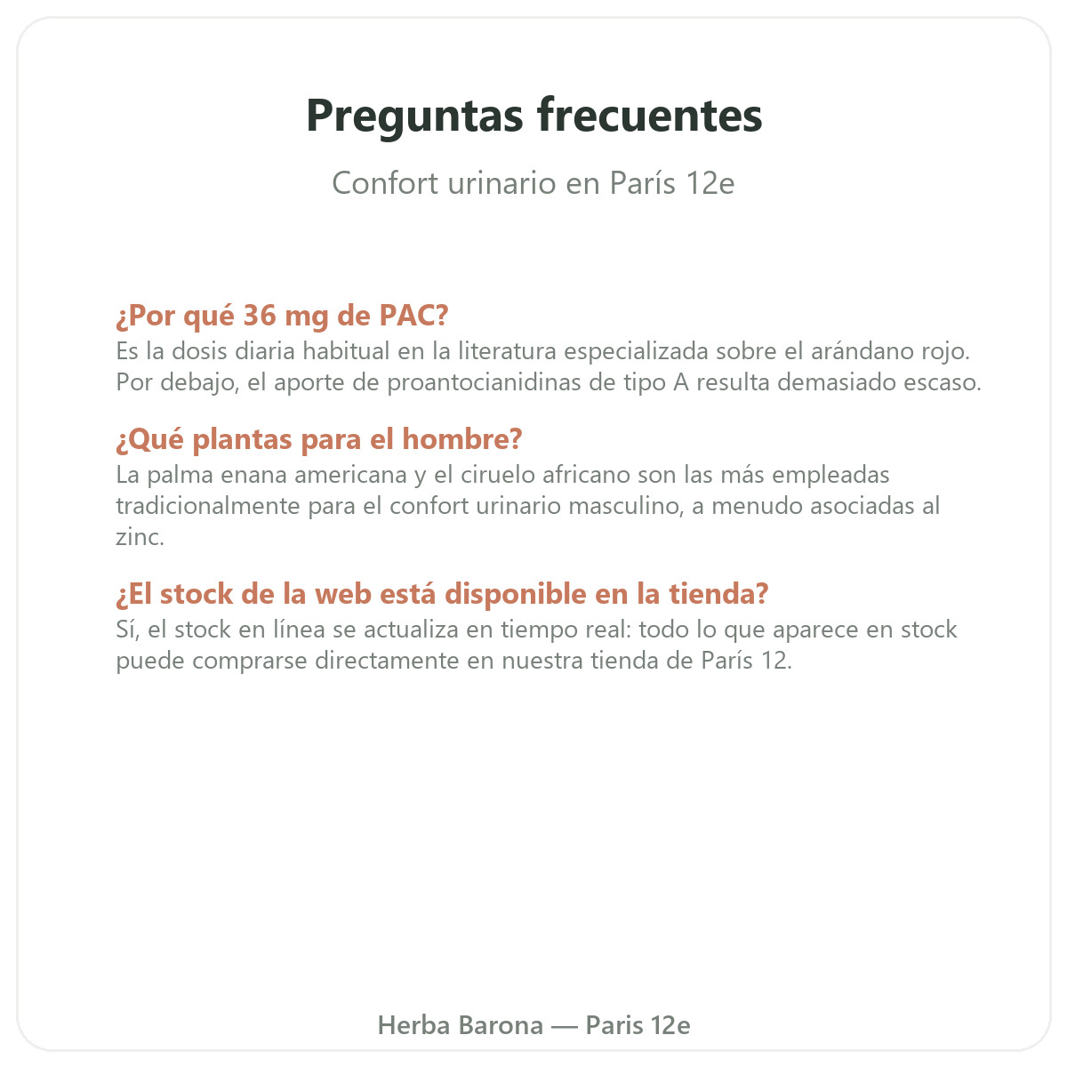 Preguntas frecuentes Complementos confort urinario en Paris - Herba Barona Paris 12e