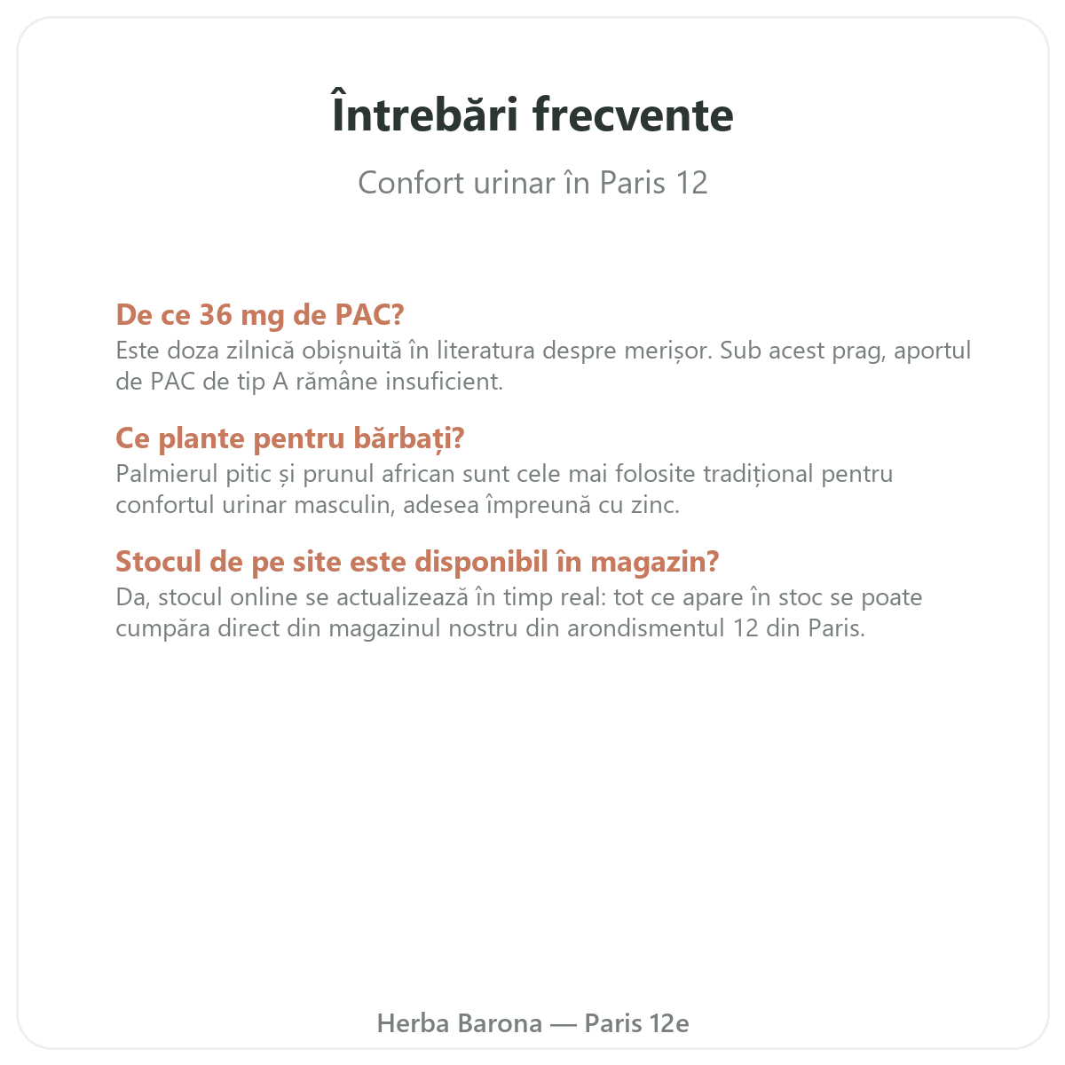 Întrebări frecvente suplimente confort urinar la Paris - Herba Barona Paris, arondismentul 12