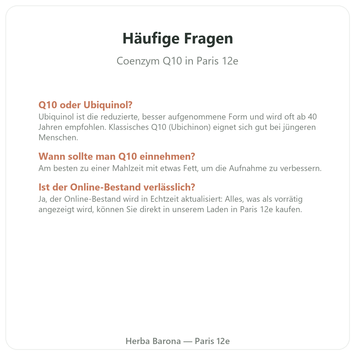 Häufige Fragen zu Coenzym Q10 in Paris - Herba Barona Paris 12e