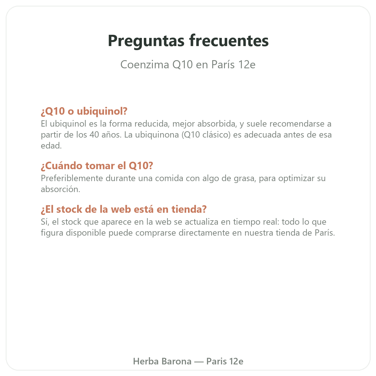 Preguntas frecuentes sobre la coenzima Q10 en París - Herba Barona París 12e