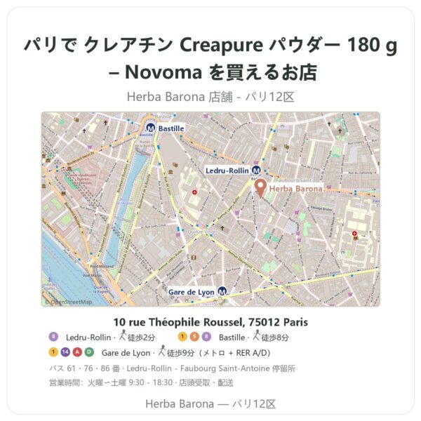 Where to find クレアチン Creapure パウダー 180 g – Novoma in Paris - store map Herba Barona Paris 12e