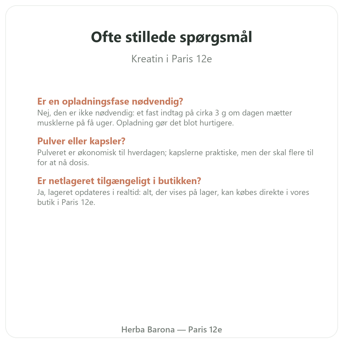 Ofte stillede spørgsmål om Kreatin Paris i Paris - Herba Barona Paris 12