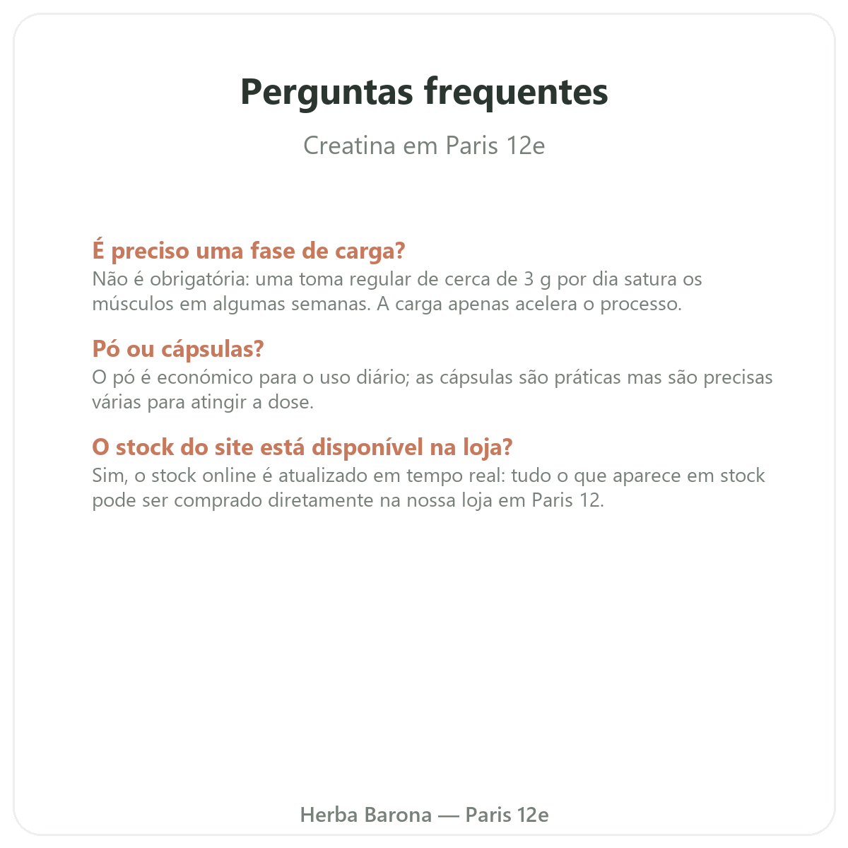 Perguntas frequentes Creatina Paris - Herba Barona Paris 12e