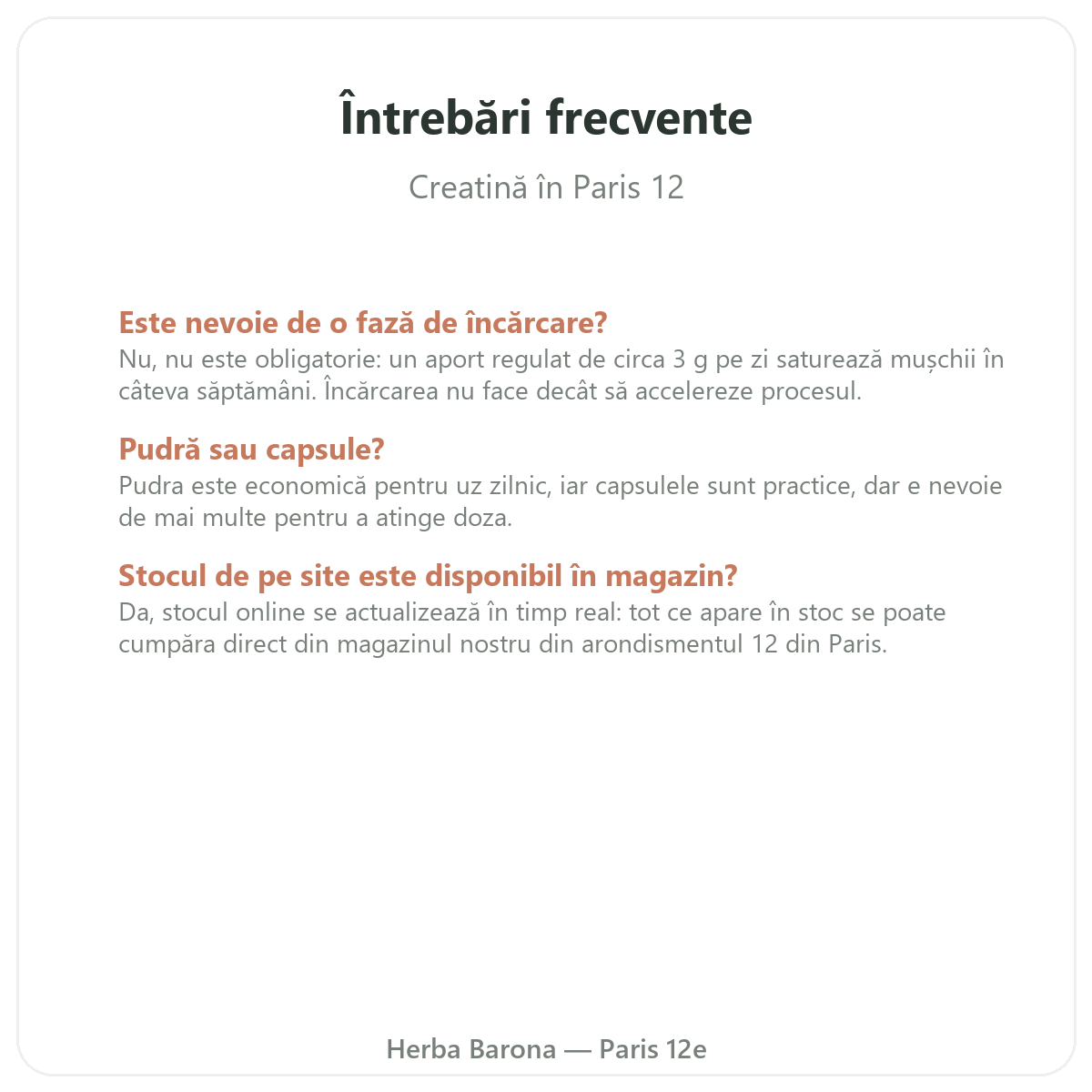 Întrebări frecvente Creatină Paris la Paris - Herba Barona Paris, arondismentul 12