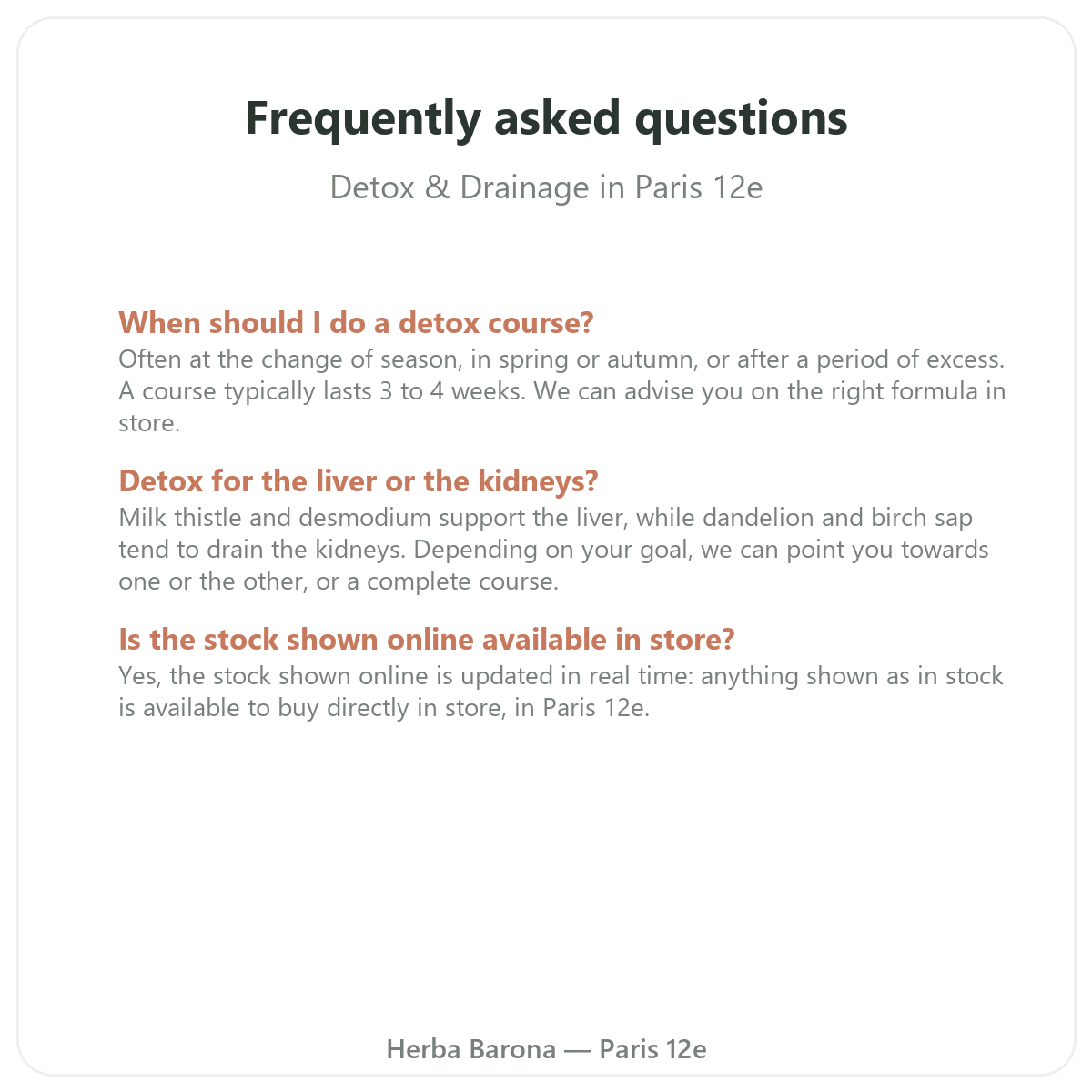 Questions frequentes Draineur detox Paris a Paris - Herba Barona Paris 12e