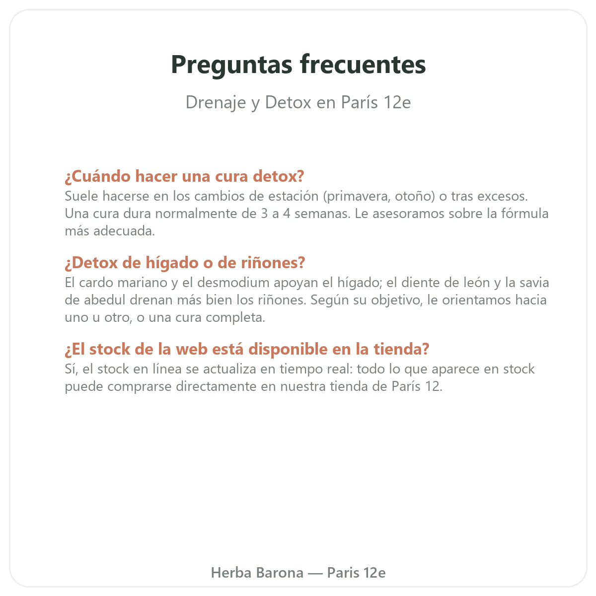 Preguntas frecuentes Detox y drenaje en París - Herba Barona Paris 12e