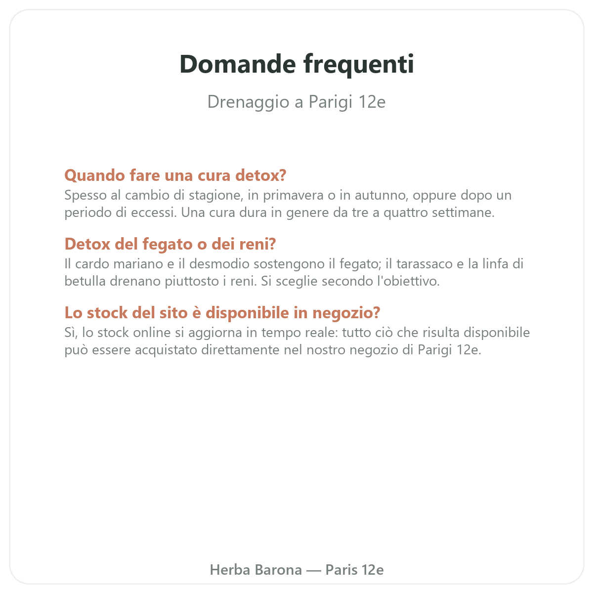Domande frequenti Detox e drenaggio Parigi - Herba Barona Parigi 12e