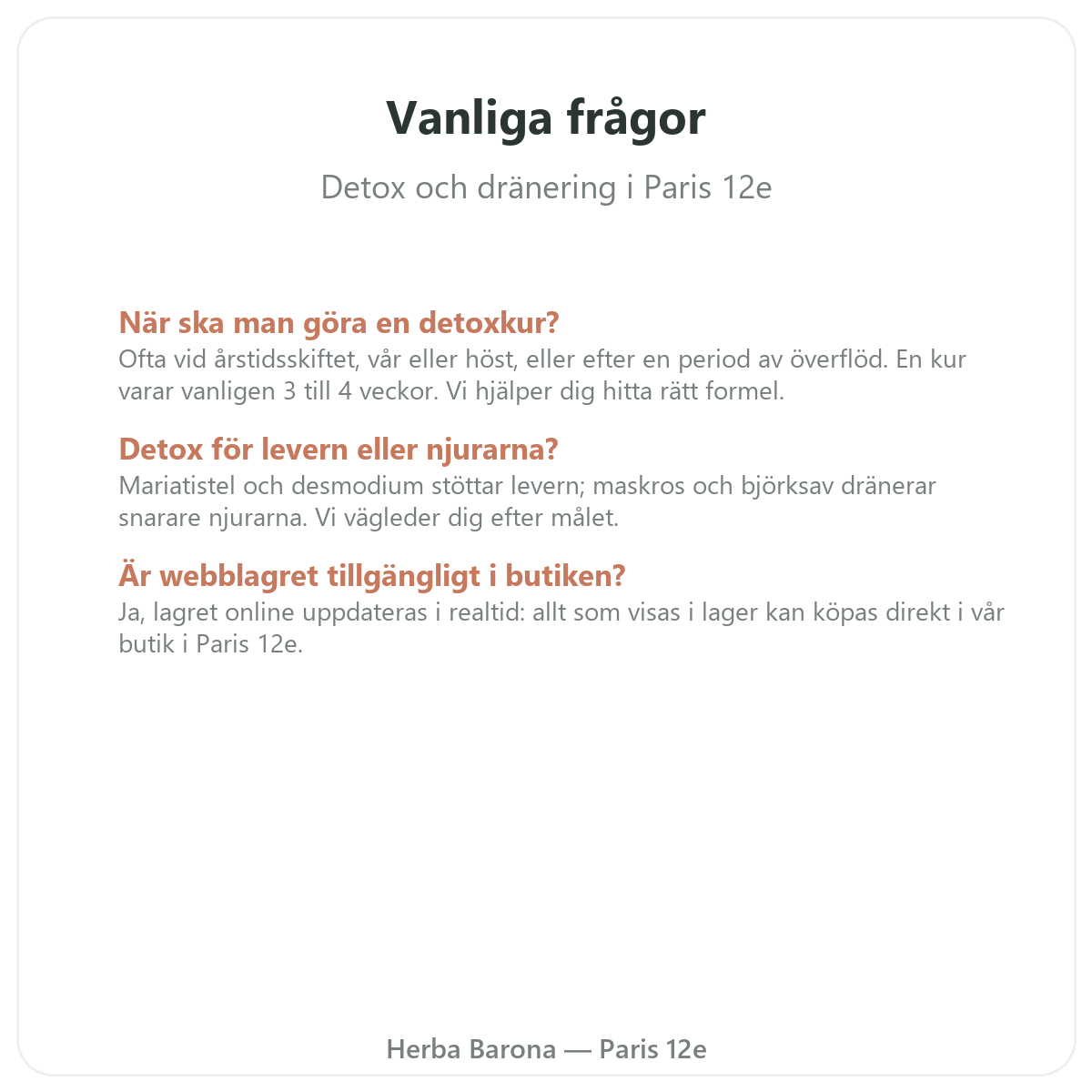 Vanliga frågor om detox och dränering i Paris – Herba Barona Paris 12e
