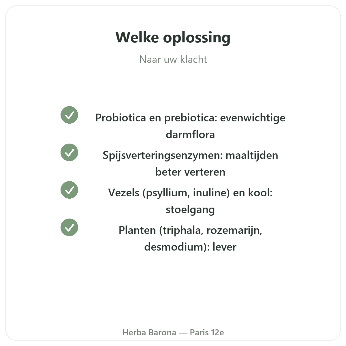 Spijsvertering en transit Parijs - kwaliteitsverbintenissen bij Herba Barona Parijs 12e