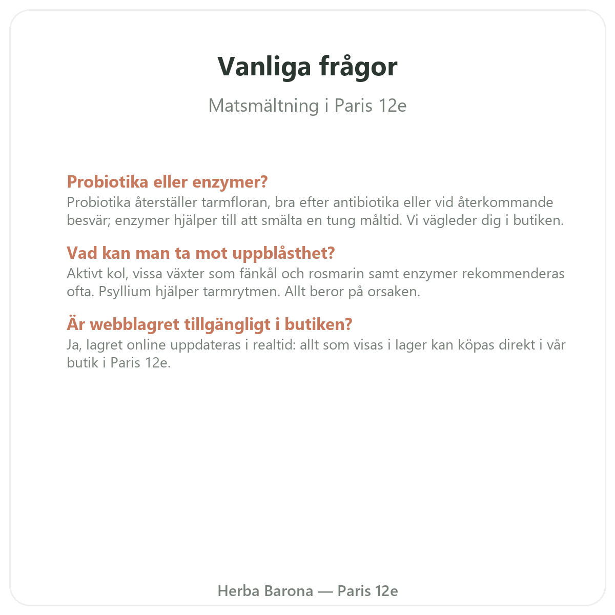 Vanliga frågor om matsmältning och tarmfunktion i Paris – Herba Barona Paris 12e