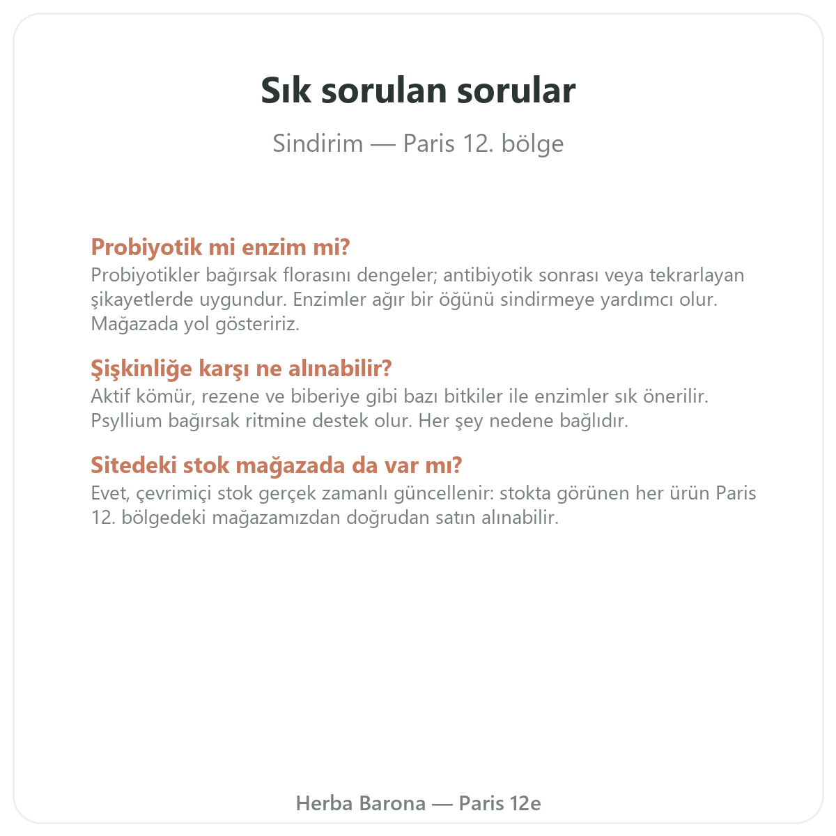 Paris’te Sindirim ve Bağırsak Transiti sıkça sorulan sorular - Herba Barona Paris 12. bölge