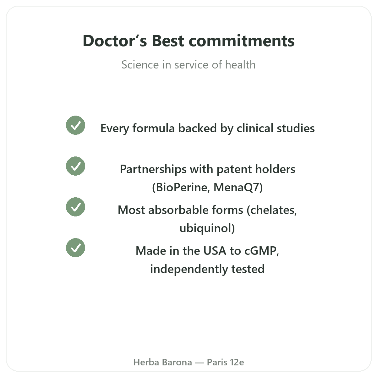Doctor's Best Paris - quality commitments and patented raw materials at Herba Barona