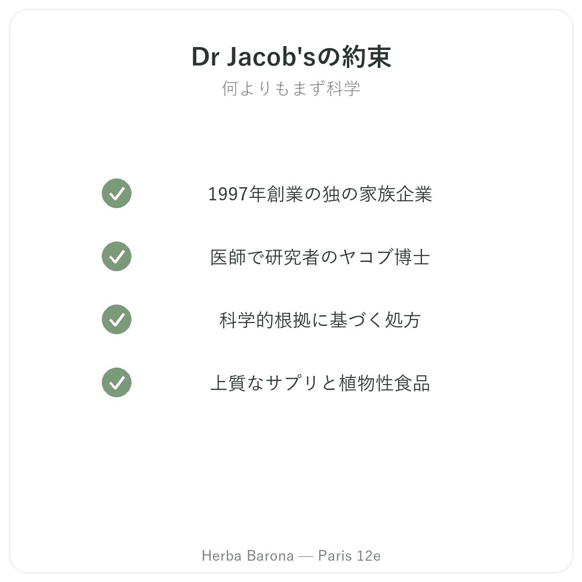 Dr Jacobs パリ - 品質へのこだわり、Herba Barona パリ12区にて