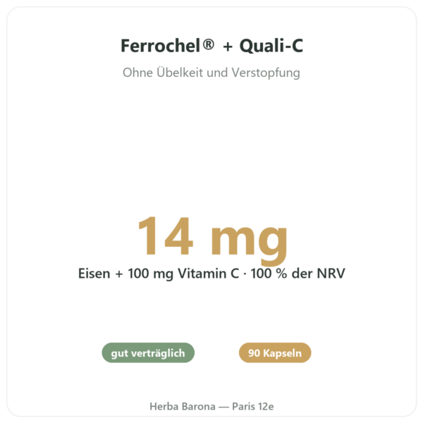 Eisen-Bisglycinat Ferrochel® + Vitamin C – Novoma – 90 Kapseln Vorteile und Fakten Paris Herba Barona