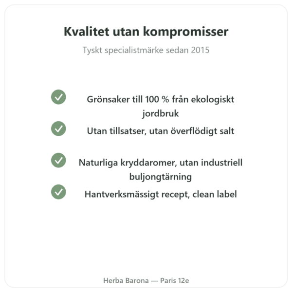 Ekologisk grönsaksbuljong 350 ml – Jarmino kvalitet Paris Herba Barona