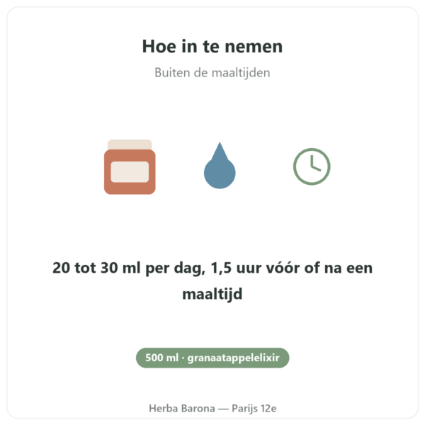 Élixir de grenade fermentée Dr Jacob's 500 ml hoe in te nemen buiten de maaltijden Parijs Herba Barona