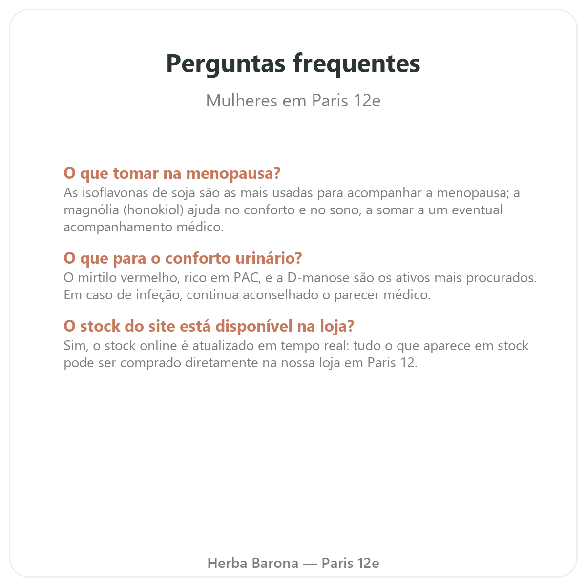 Perguntas frequentes suplementos para mulheres em Paris - Herba Barona Paris 12e
