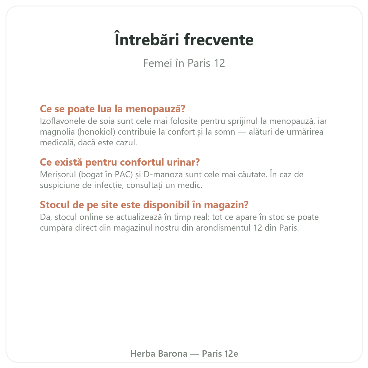 Întrebări frecvente suplimente pentru femei Paris la Paris - Herba Barona Paris, arondismentul 12