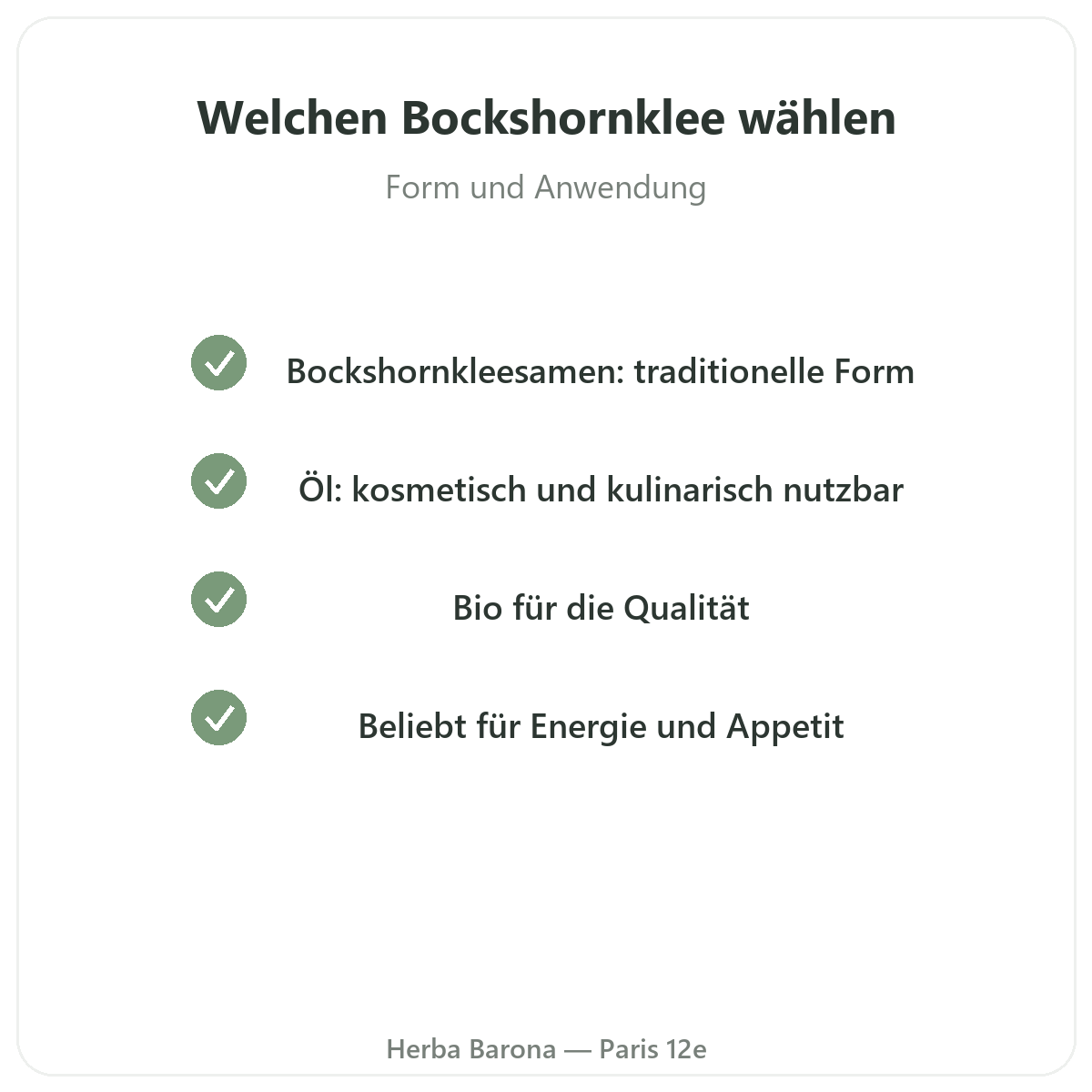 Bockshornklee Paris - Qualitätsversprechen bei Herba Barona Paris 12e