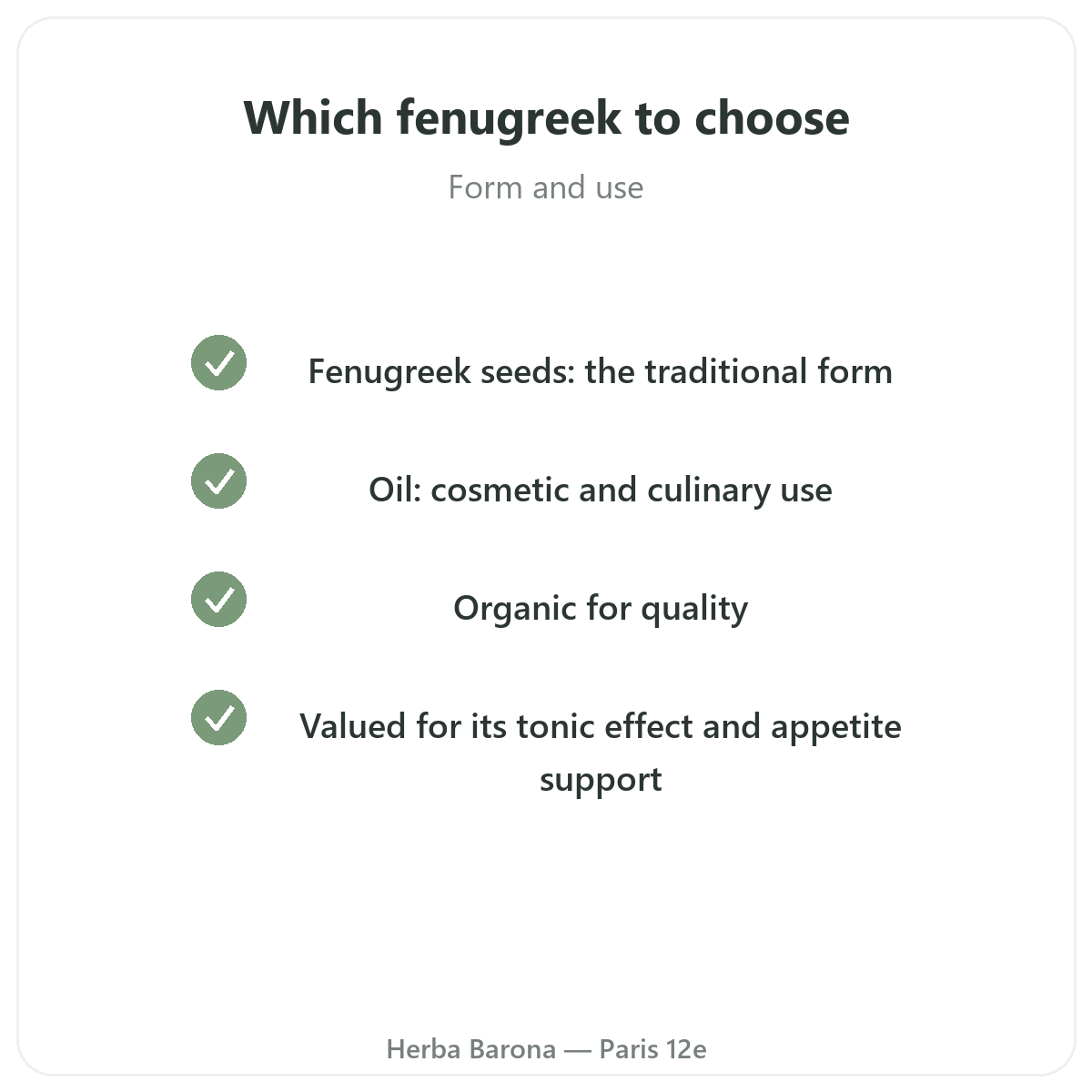 Fenugreek in Paris - quality commitments at Herba Barona Paris 12th