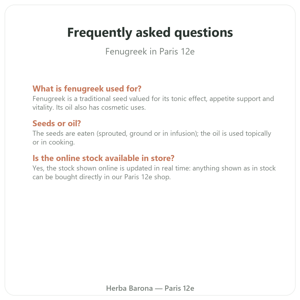 Frequently asked questions about fenugreek in Paris - Herba Barona Paris 12th