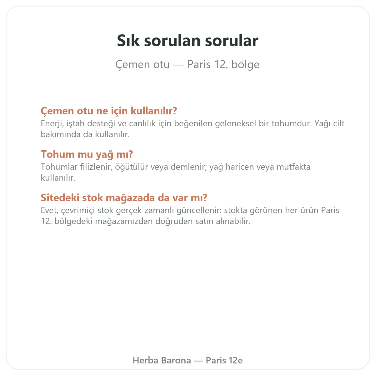 Paris’te çemen otu hakkında sıkça sorulan sorular - Herba Barona Paris 12. bölge