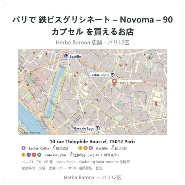 Where to find 鉄ビスグリシネート – Novoma – 90カプセル in Paris - store map Herba Barona Paris 12e