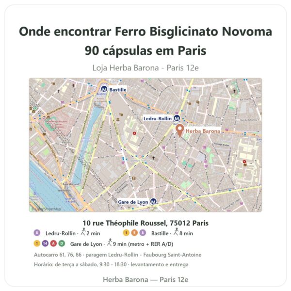 Onde encontrar Ferro Bisglicinato Novoma 90 cápsulas em Paris - mapa da loja Herba Barona Paris 12e