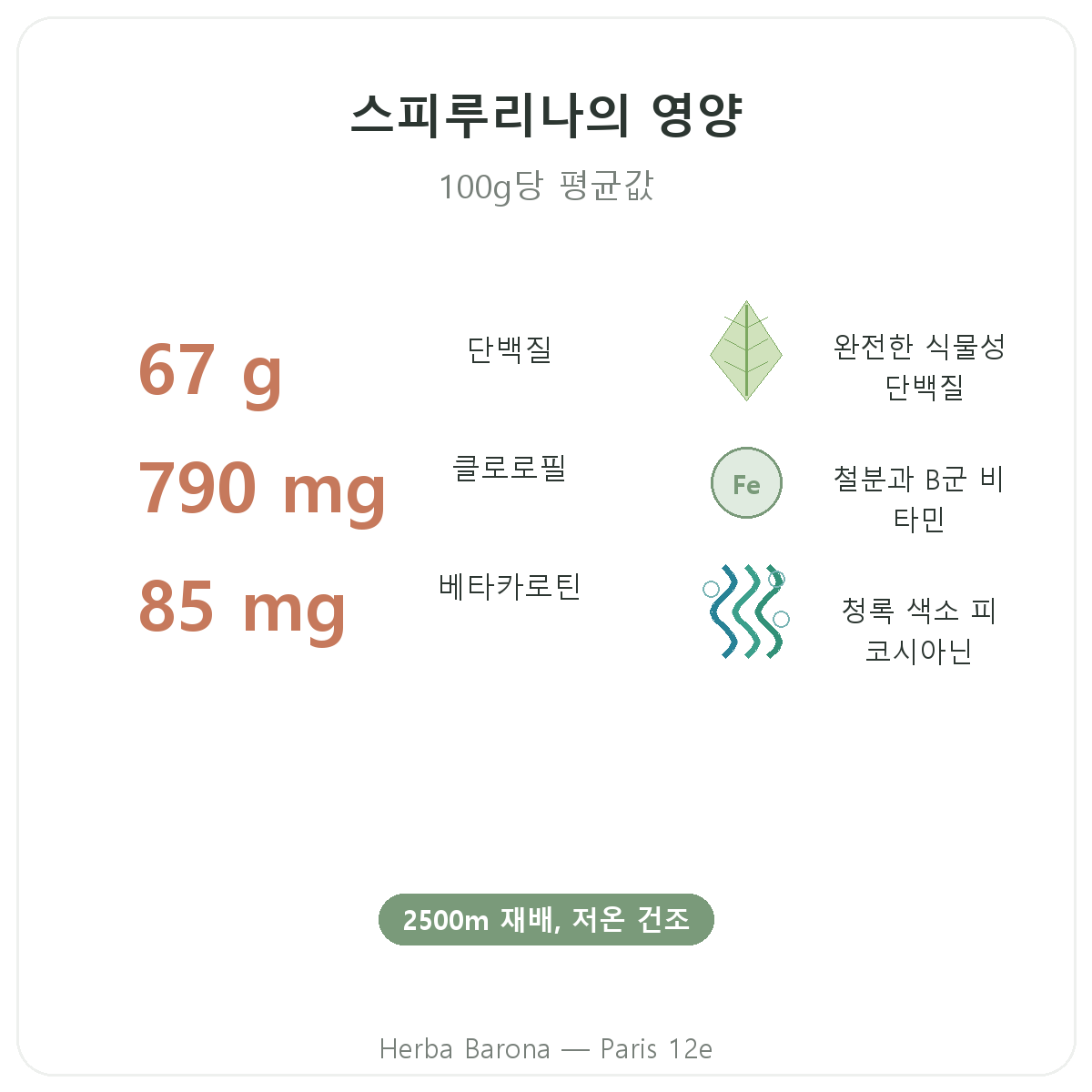 Flamant Vert 스피룰리나의 영양 성분 - 단백질, 철분, 베타카로틴, 파리 에르바 바로나 파리 12구