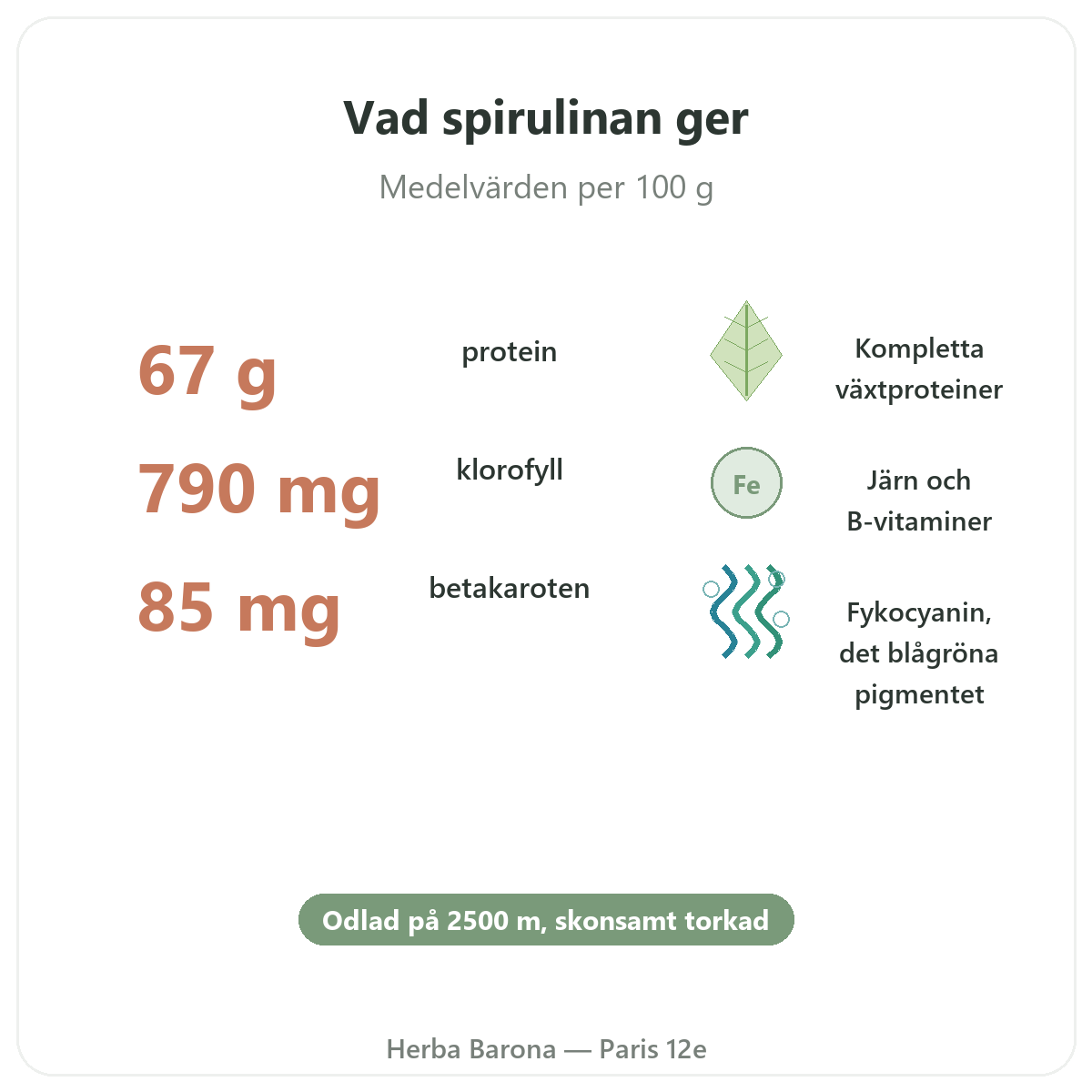 Fördelarna med Flamant Verts spirulina - protein, järn, betakaroten, Paris Herba Barona Paris 12e