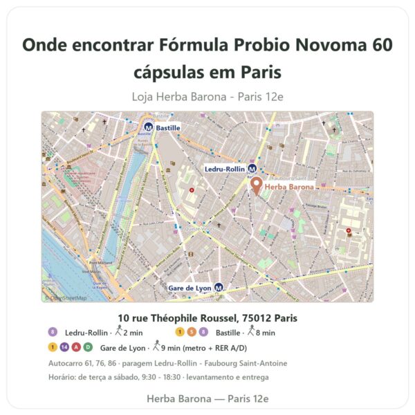 Onde encontrar Fórmula Probio Novoma 60 cápsulas em Paris - mapa da loja Herba Barona Paris 12e