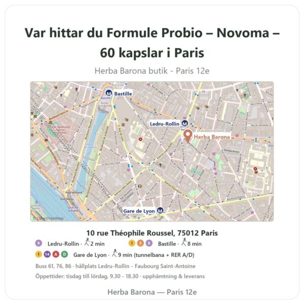 Var hittar du Formule Probio – Novoma – 60 kapslar i Paris - butikskarta Herba Barona Paris 12e