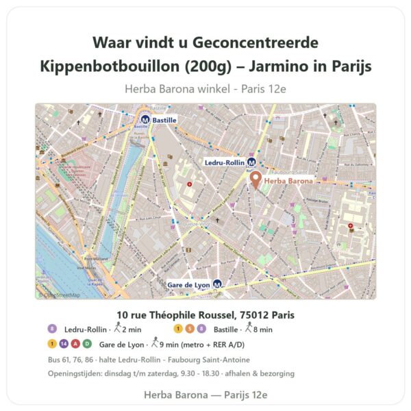 Waar vindt u Geconcentreerde Kippenbotbouillon (200g) – Jarmino in Parijs - winkelplattegrond Herba Barona Paris 12e