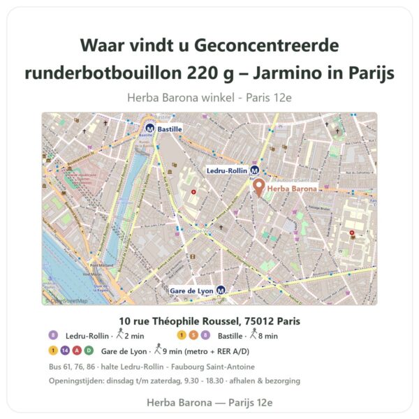 Waar vindt u Geconcentreerde runderbotbouillon 220 g – Jarmino in Parijs - winkelplattegrond Herba Barona Paris 12e