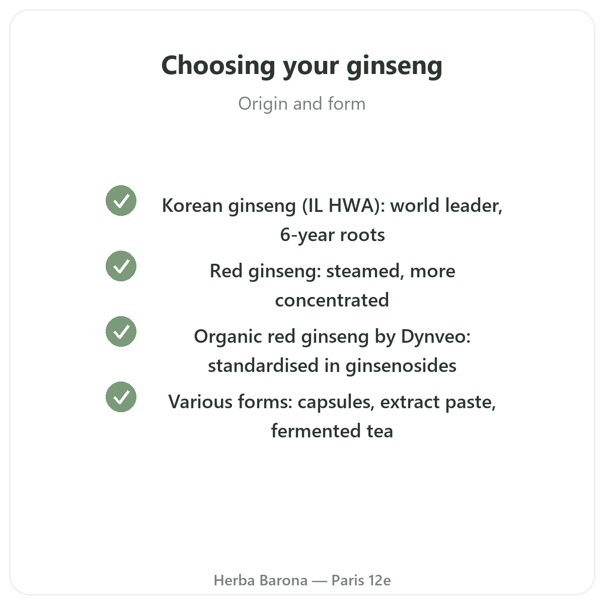 Ginseng coreen rouge Paris Paris - engagements qualite chez Herba Barona Paris 12e