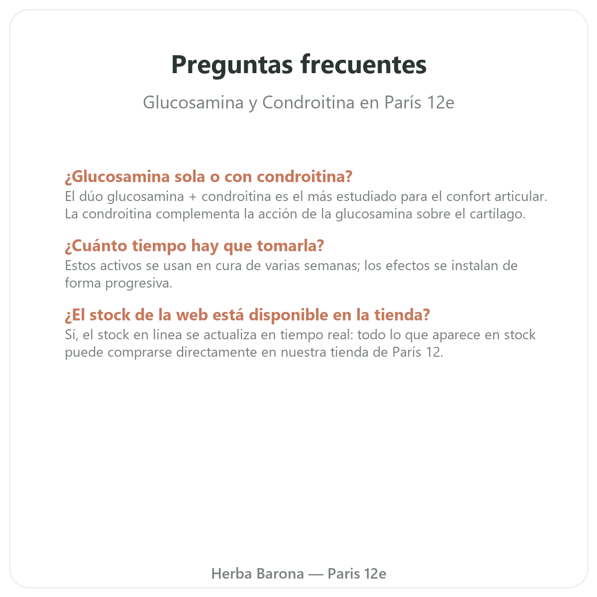 Preguntas frecuentes glucosamina condroitina en París - Herba Barona París 12e