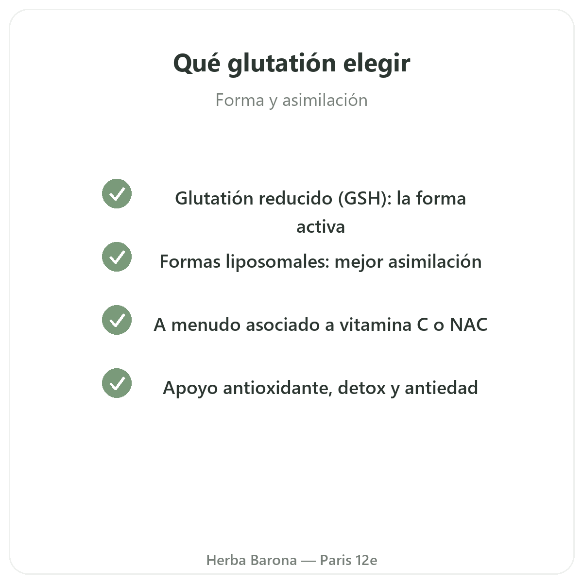 Glutatión en cápsulas París - compromisos de calidad en Herba Barona París 12e