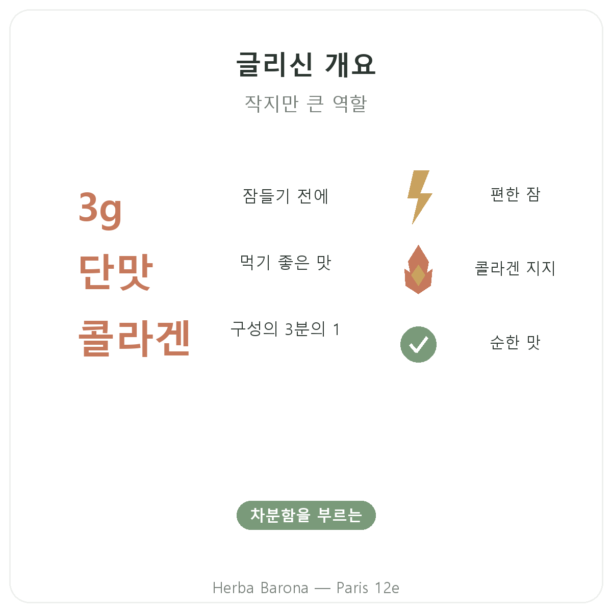 글리신 파리 요약 - Herba Barona 파리 12구 주요 수치
