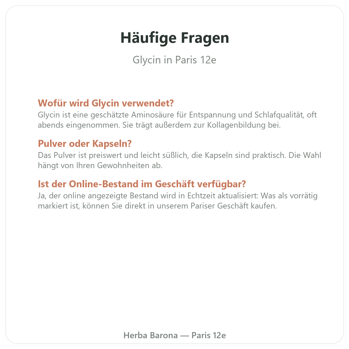 Häufige Fragen zu Glycin in Paris - Herba Barona Paris 12e