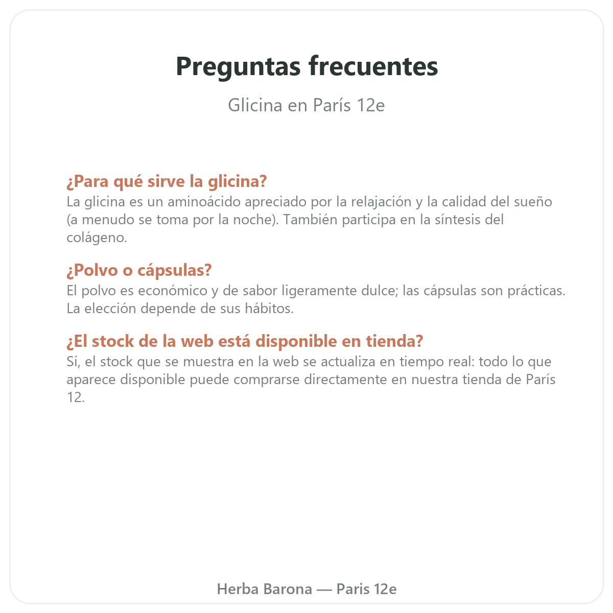 Preguntas frecuentes sobre la glicina en París - Herba Barona París 12e