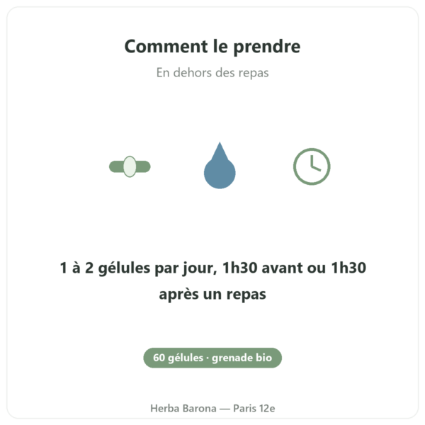 Grenade Bio Dynveo 375 mg 60 gélules mode d'emploi en dehors des repas Paris Herba Barona