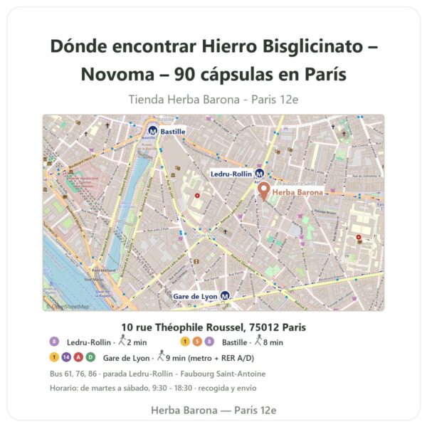Dónde encontrar Hierro Bisglicinato – Novoma – 90 cápsulas en París - plano de la tienda Herba Barona Paris 12e