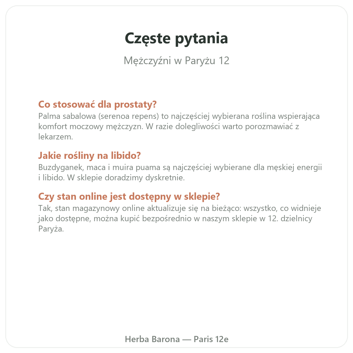 Najczęstsze pytania suplementy dla mężczyzn w Paryżu - Herba Barona Paris 12e