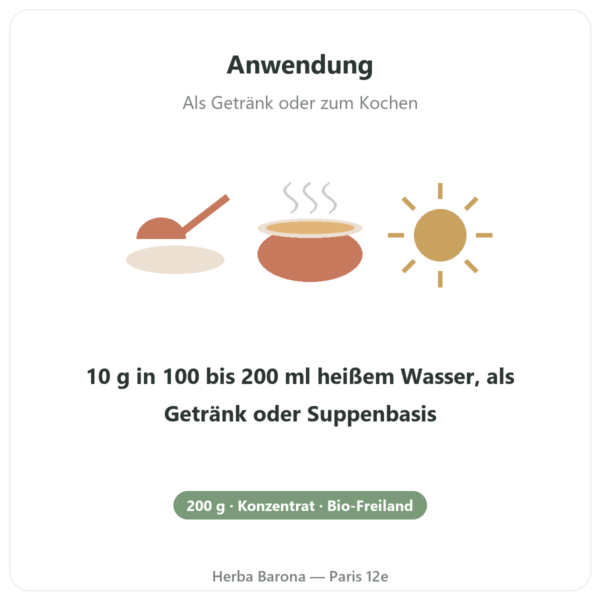 Bio-Hühnerknochenbrühe-Konzentrat – 200 g – Jarmino Anwendung und Dosierung Paris Herba Barona