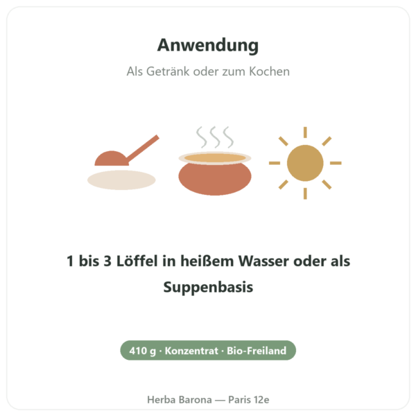 Bio-Hühnerknochenbrühe-Konzentrat – 410 g – Jarmino Anwendung und Dosierung Paris Herba Barona