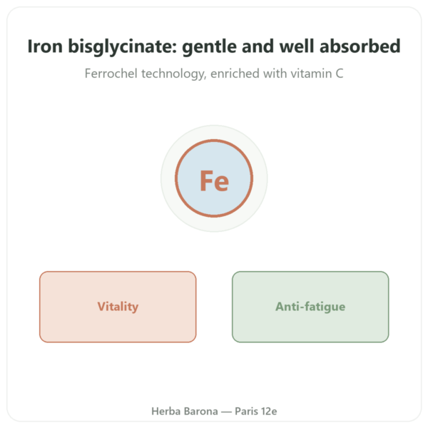 Iron Bisglycinate (Ferrochel) – Novoma – 90 capsules presentation Paris Herba Barona